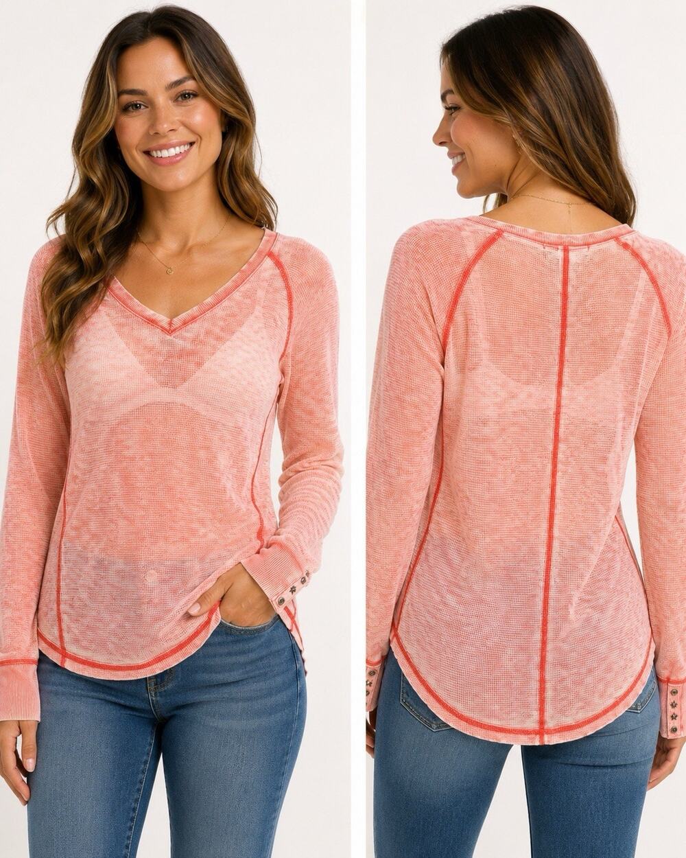 PJ Salvage Women’s L Coral Burnout Thermal Top Distressed Waffle Knit Y2K